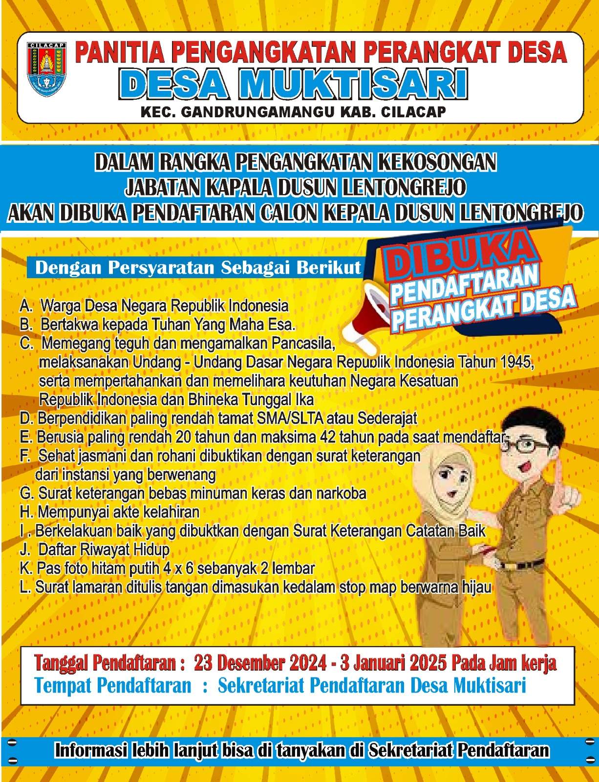 OPEN RECRUITMEN PERANGKAT DESA MUKTISARI JABATAN KADUS LENTONGREJO
